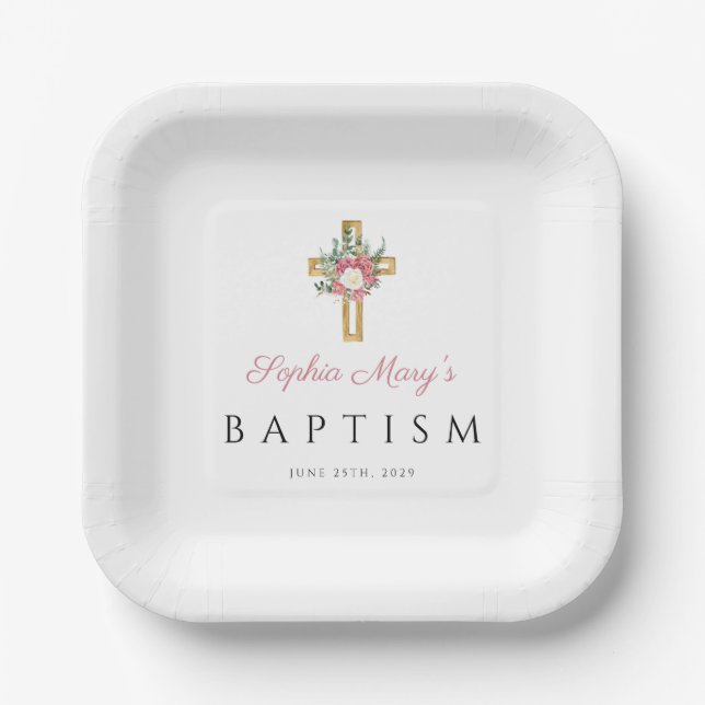 Assiettes En Carton Élégant Religieux Rose Floral Girl Baptism (Recto)