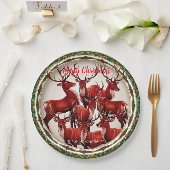 Assiettes En Carton Élégant renne rouge Moose Gold Joyeux Noël (Mariage)
