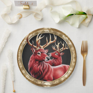 Assiettes En Carton Élégant renne rouge Moose Gold Joyeux Noël