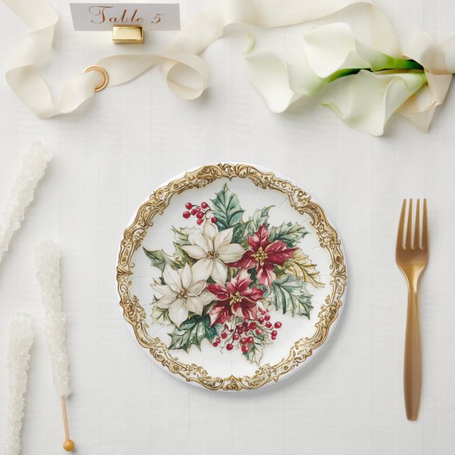 Assiettes En Carton Elegant Rococo Floral Poinsettia Holiday Dining  (Mariage)
