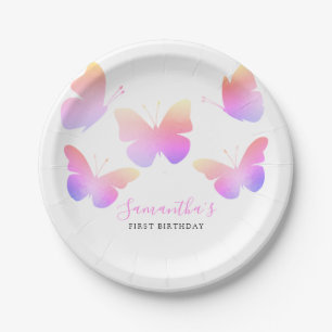Assiettes En Carton Elégant rose Aquarelle Papillon 1er anniversaire
