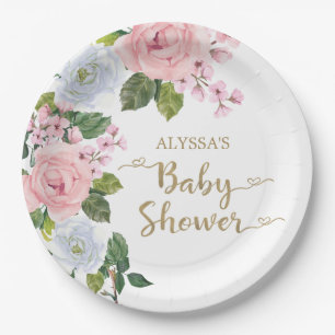 Assiettes En Carton Élégant rose blanc Rose Script Baby shower