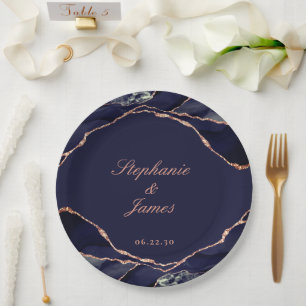 Assiettes En Carton Élégant Rose bleu marine Mariage d'agate d'or de 