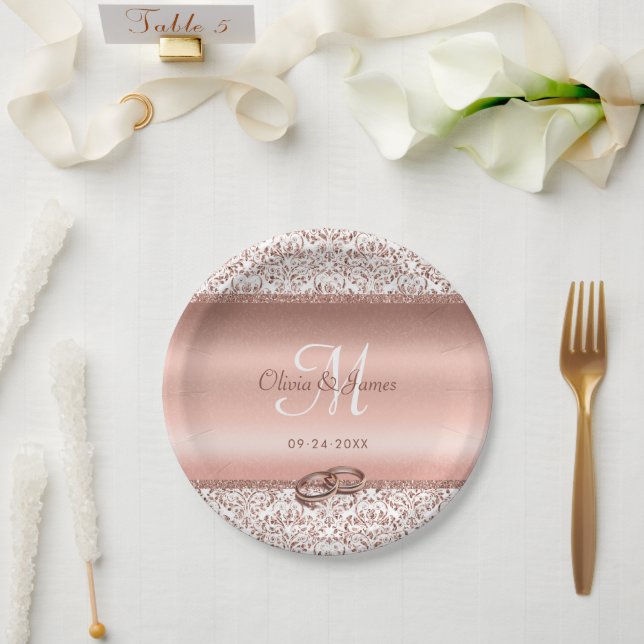 Assiettes En Carton Élégant Rose Damask or Monogram Mariage (Mariage)