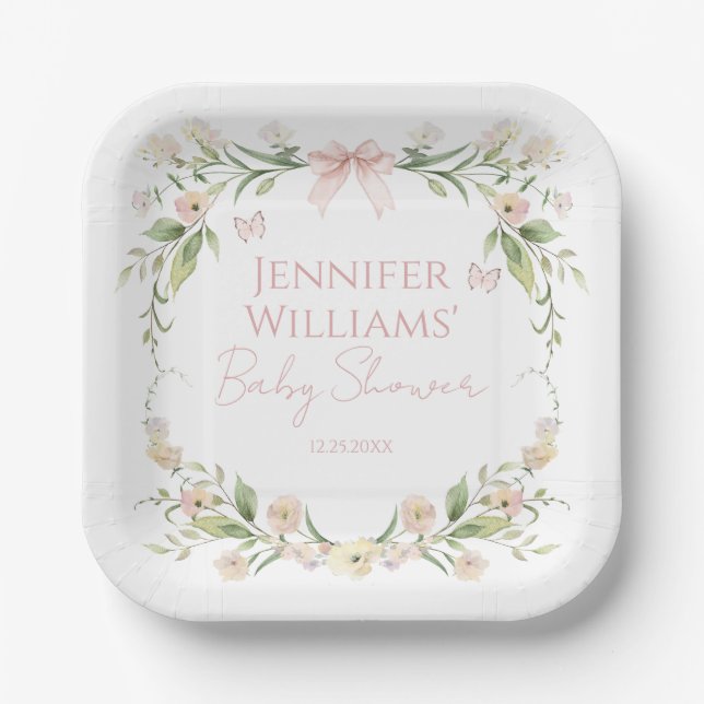 Assiettes En Carton Élégant rose floral printemps été bébé fille douch (Recto)
