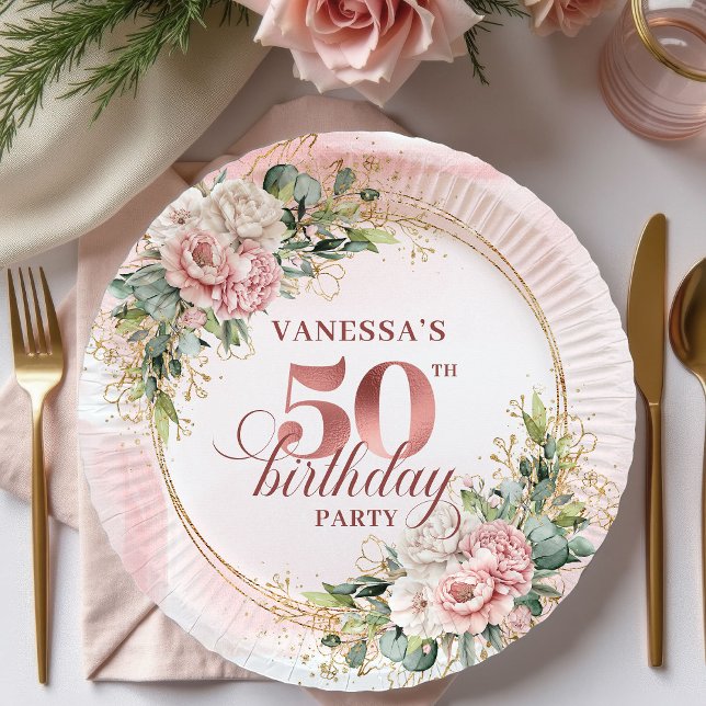 Assiettes En Carton Elegant Rose Gold Glitter 50th Birthday Floral   (Elegant Rose Gold Glitter 50th Birthday Floral Party Paper Plates

)