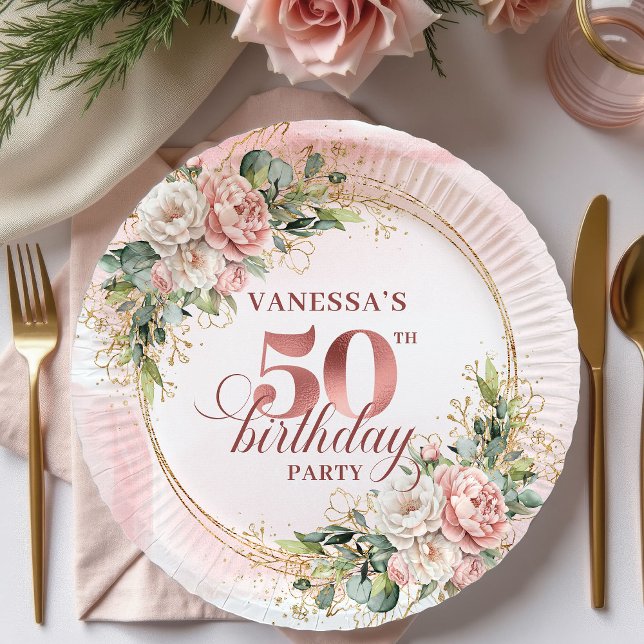 Assiettes En Carton Elegant Rose Gold Greenery 50th Birthday Paper  (Elegant Rose Gold Greenery 50th Birthday Paper Plates)
