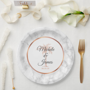Assiettes En Carton Elégant Rose gris or Palm Tree Marble Mariage