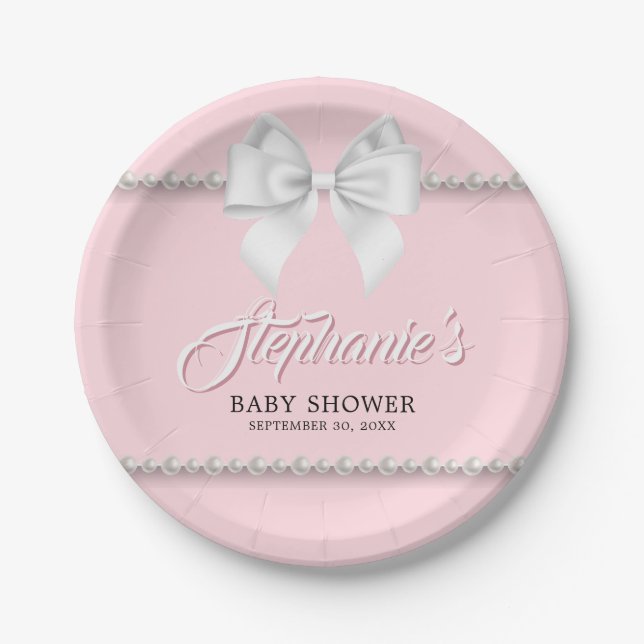 Assiettes En Carton Elégant rose Perles Tiffany Bow Baby shower chic (Devant)