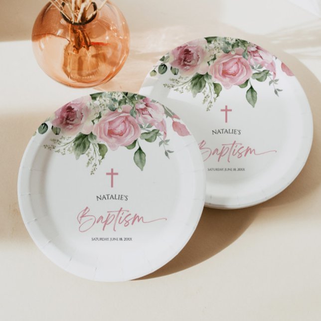 Assiettes En Carton Élégant rose rose rose floral Baptême (Créateur téléchargé)