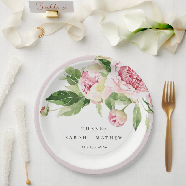 Assiettes En Carton Elégant rose vert pivoine Floral Merci Mariage (Mariage)