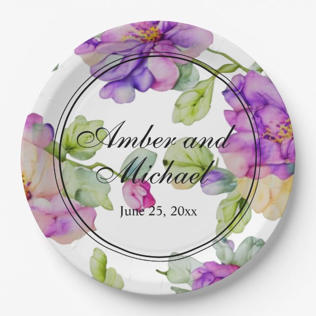 Assiettes En Carton Elégant rose violet aquarelle Mariage floral (Devant)