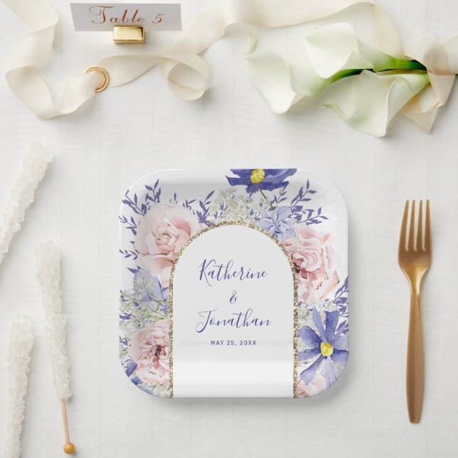 Assiettes En Carton Elégant rose violet Aquarelle Mariage Floral (Mariage)