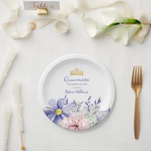 Assiettes En Carton Elégant rose violet Floral or Couronne Quinceañera