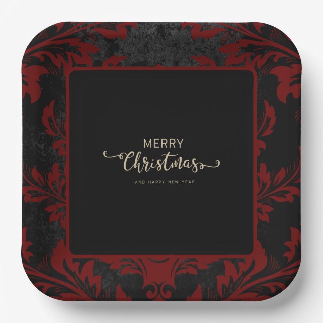 Assiettes En Carton Élégant rouge damassé Noël personnalisé Plaques en (Recto)