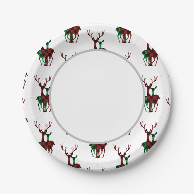 Assiettes En Carton Élégant rouge et vert Buffalo Plaid Reindeer Coupl (Devant)