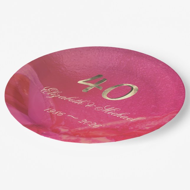 Assiettes En Carton Elégant Ruby Red Pink Gold 40e anniversaire (Angle)