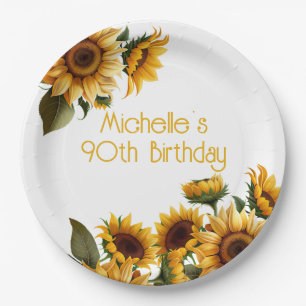 Assiettes En Carton Élégant Rustique Tournesols Blanc 90e Anniversaire