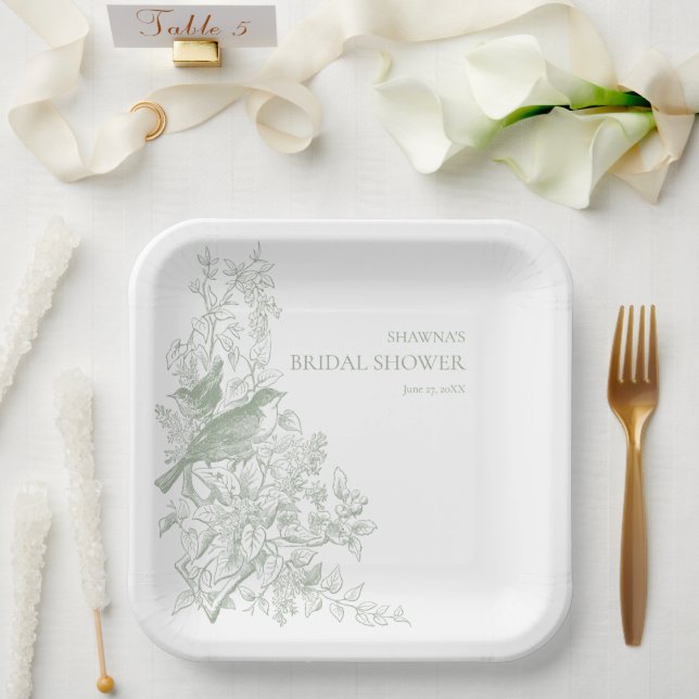 Assiettes En Carton Elegant Sage Chinoiserie Nature Bird Bridal Shower (Mariage)