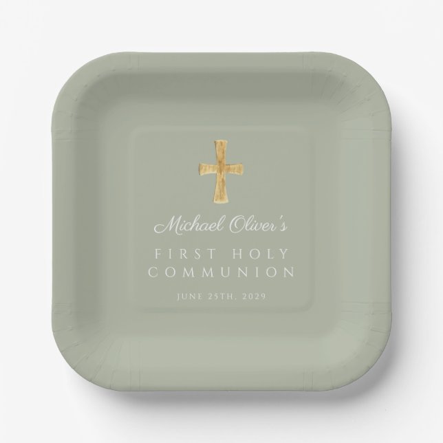 Assiettes En Carton Elégant Sage Green Cross Première communion (Recto)