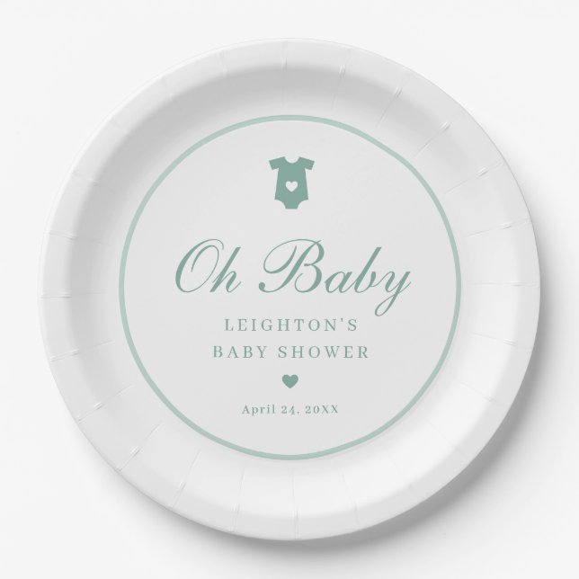 Assiettes En Carton Élégant Sage Green Script Girls Oh Baby shower (Devant)