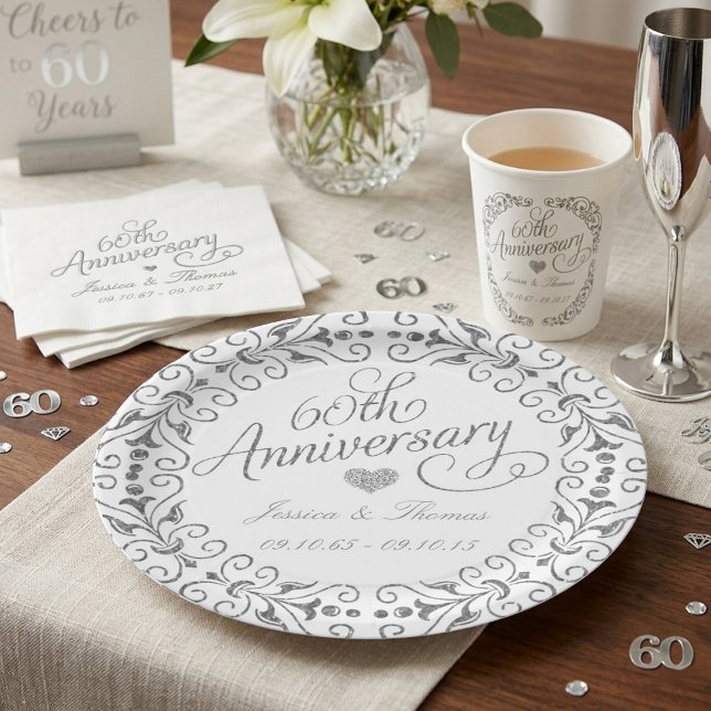 Assiettes En Carton Elegant Script 60th Diamond Wedding Anniversary (Créateur téléchargé)
