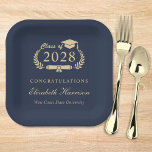 Assiettes En Carton Élégant Script Blue Gold Graduation<br><div class="desc">Élégante plaque de papier de la fête de graduation bleu foncé avec "Classe de" dans une illustration en or clair de couronne de laurier incorporant un casquette et un diplôme, le nom du diplômé dans un script élégant en or clair, et "Félicitations" et leur nom d'école dans la typographie moderne...</div>