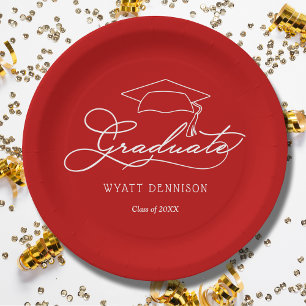 Assiettes En Carton Élégant Script Casquette Grad Scarlet Red Graduati