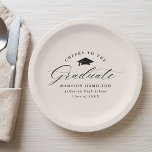 Assiettes En Carton Elégant Script Cream encourage à l'étudiant<br><div class="desc">Élégantes plaques de papier de graduation avec une casquette de graduation avec la phrase "Cheers to the Graduate" dans un script de calligraphie noir sur un arrière - plan crème. Personnalisez les plaques de papier modernes avec le nom du diplômé, le nom de l'école et l'année de diplôme. Les plaques...</div>