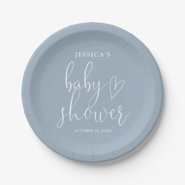 Assiettes En Carton Élégant Script Dusty Baby shower bleu (Devant)