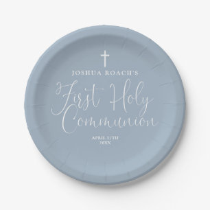 Assiettes En Carton Élégant Script Dusty Blue First Holy Communion