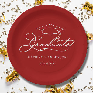 Assiettes En Carton Élégant Script Grad Casquette Cardinal Red Graduat