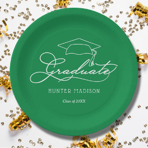 Assiettes En Carton Élégant Script Grad Casquette Green Graduation
