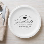 Assiettes En Carton Élégant script noir salue le diplômé<br><div class="desc">Élégantes plaques de papier de graduation avec une casquette de graduation avec l'expression "Bravo au diplômé" dans un script de calligraphie noir sur un arrière - plan blanc. Personnalisez les plaques de papier modernes avec le nom du diplômé, le nom de l'école et l'année de diplôme. Les plaques de graduation...</div>