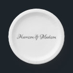 Assiettes En Carton Élégant script noms personnalisés rose Mariage<br><div class="desc">Élégant script noms personnalisés rose Mariage Plaques papier. Noms et date personnalisables. Noir et blanc.</div>