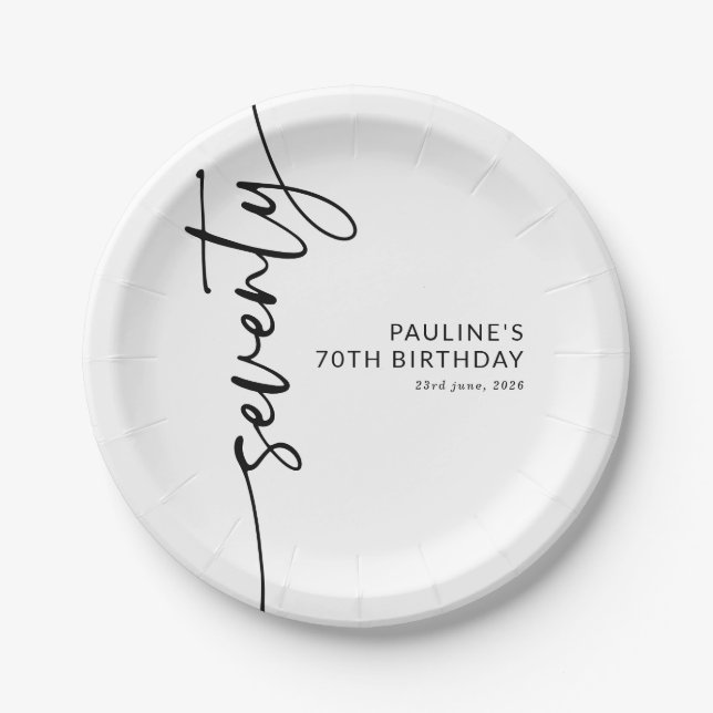 Assiettes En Carton Élégant Script Soixante-dix 70e Anniversaire (Devant)