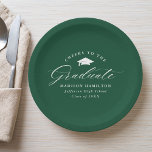 Assiettes En Carton Élégant Script vert Cheers au diplômé<br><div class="desc">Élégantes plaques de papier de graduation avec une casquette de graduation avec l'expression "Cheers to the Graduate" dans un script de calligraphie blanc sur un arrière - plan vert. Personnalisez les plaques de papier modernes avec le nom du diplômé, le nom de l'école et l'année de diplôme. Les plaques de...</div>