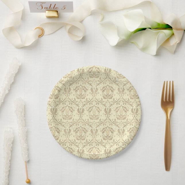 Assiettes En Carton Elégant sépia tan motif floral (Mariage)