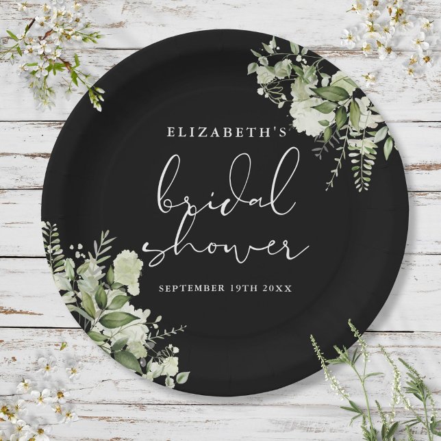 Assiettes En Carton Élégant shower de mariage en noir et blanc avec ve (Greenery Elegant Black And White Bridal Shower Paper Plates)