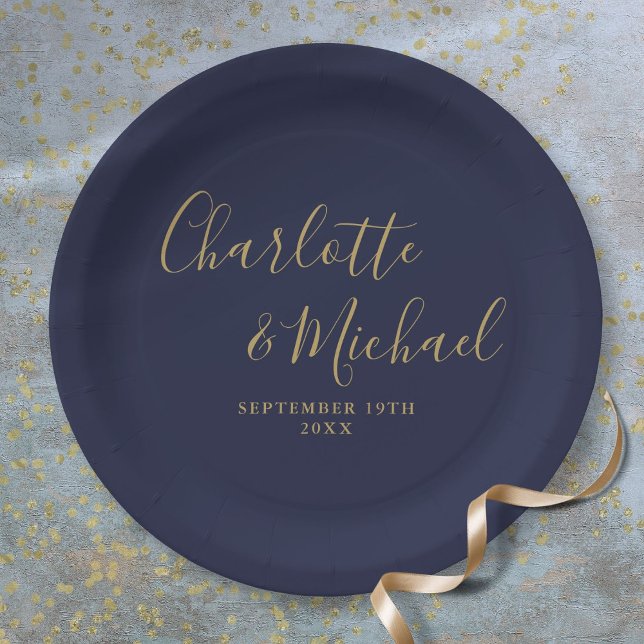 Assiettes En Carton Élégant Signature Script Marine Mariage bleu or (Elegant Signature Script Navy Blue Gold Wedding Paper Plates)