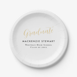 Assiettes En Carton Élégant Simple Gold Script Graduation Blanc