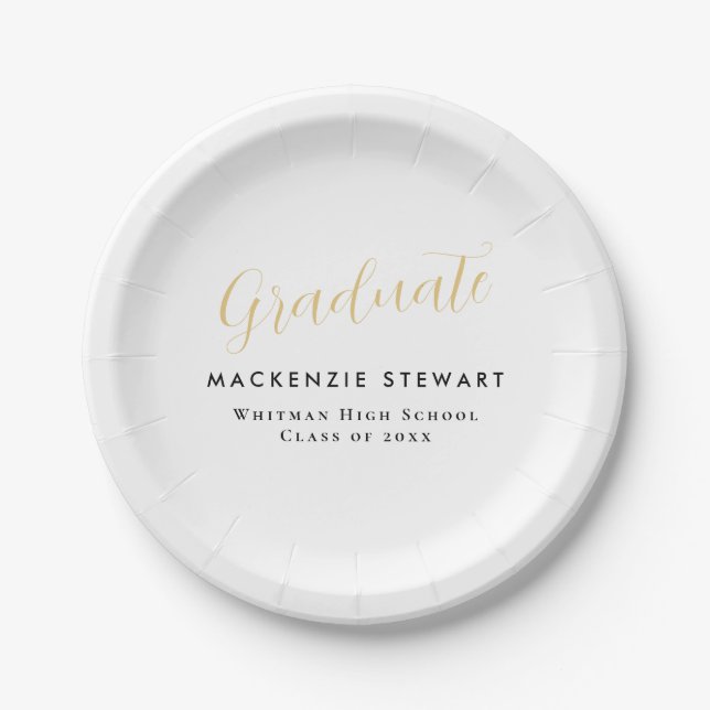 Assiettes En Carton Élégant Simple Gold Script Graduation Blanc (Devant)