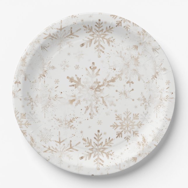 Assiettes En Carton Élégant Snowflakes Gold hiver Thème Noël (Devant)