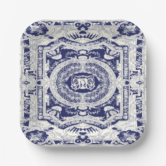 Assiettes En Carton Élégant Style moderne Marine Bleu Baroque Ornement (Recto)