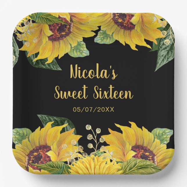 Assiettes En Carton Elegant Sunflowers and Foliage Sweet Sixteen (Recto)