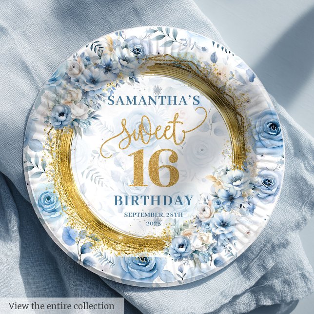 Assiettes En Carton Élégant Sweet 16 Plaques de Parties scintillant en (Stylish Sweet 16 Pastel Blue Gold Glitter Plates

)