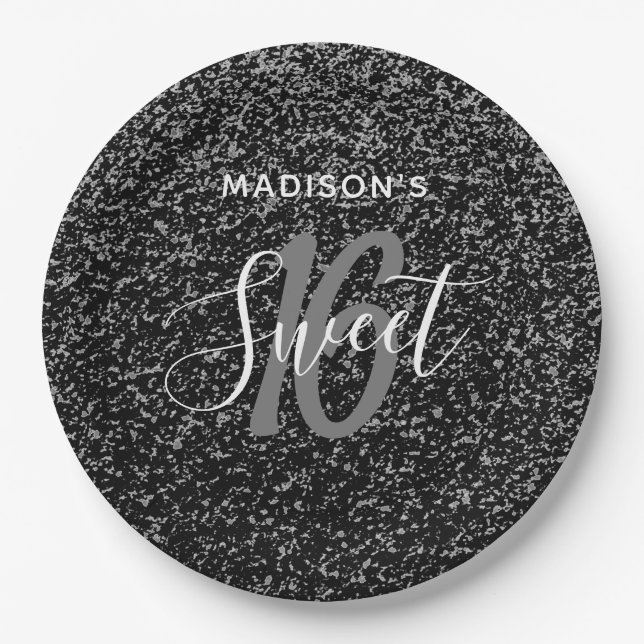 Assiettes En Carton Élégant Sweet 16 Specks d'argent noir Personnalisé (Devant)