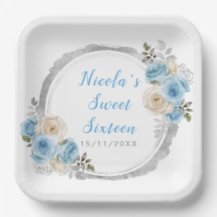 Assiettes En Carton Elégant Sweet sixteen aux fleurs bleu foncé