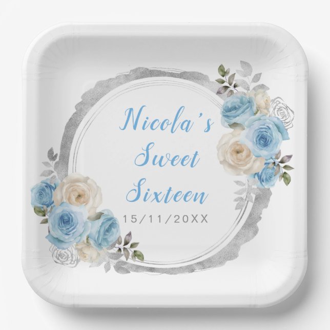 Assiettes En Carton Elégant Sweet sixteen aux fleurs bleu foncé (Recto)
