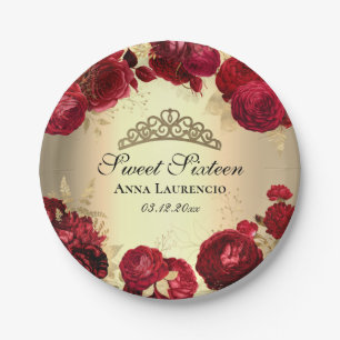 Assiettes En Carton Elégant Sweet sixteen Floral Or Rouge